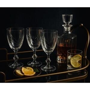 Set of 3 Vintage Etched Wine Goblets Clear Glass Elegant Stemware